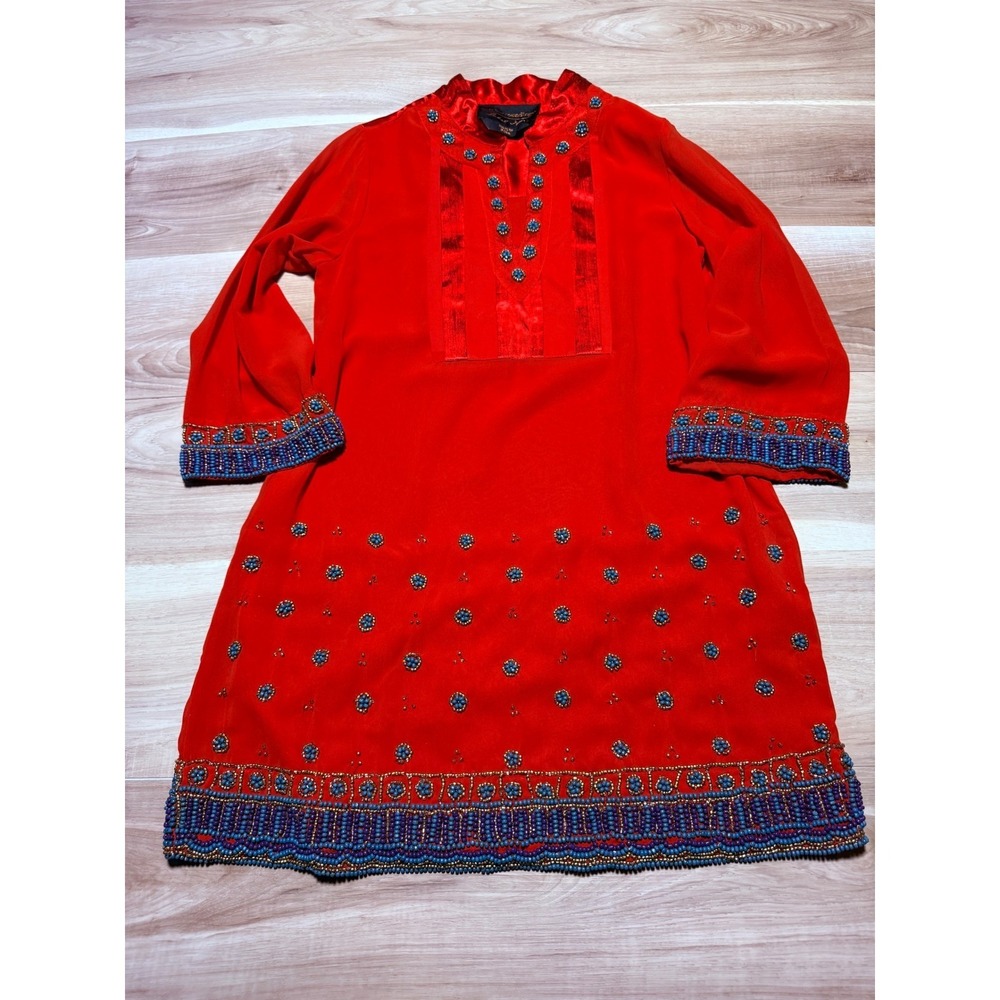 Soft Surroundings Label Noir Tunic Womens Red Blue‎ Beaded Boho Blouse